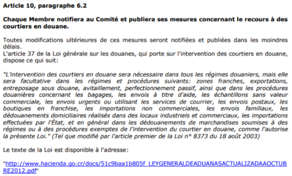 Extrait de la notification du Costa Rica