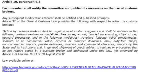 Extract from Costa Rica's notification