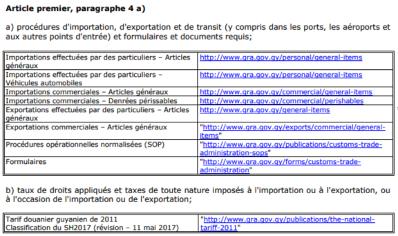 Extrait de la notification du Guyana pour l'article 1:4 a), qui montre des renseignements concernant l'article 1:1 a) et b)