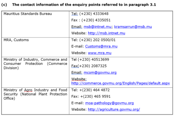 Extract from Mauritius' notification