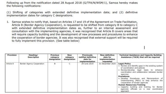 Extract from Samoa's notification